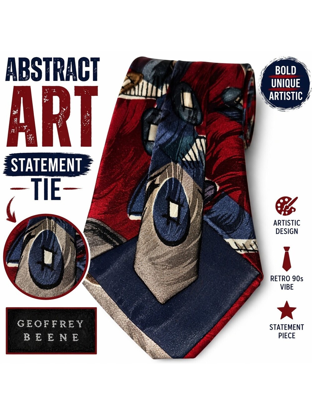 Geoffrey Beene Abstract Art Tie Eye Graphic Red Blue Retro Statement Novelty
